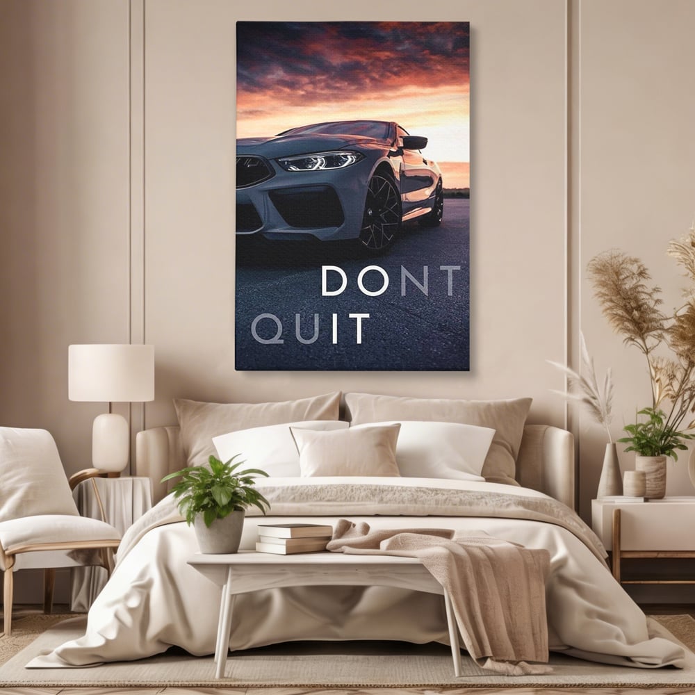 Tablou canvas cu tablou canvas cu masina sport si mesaj, fara rama, pe sasiu de lemn, pe perete intr-un dormitor